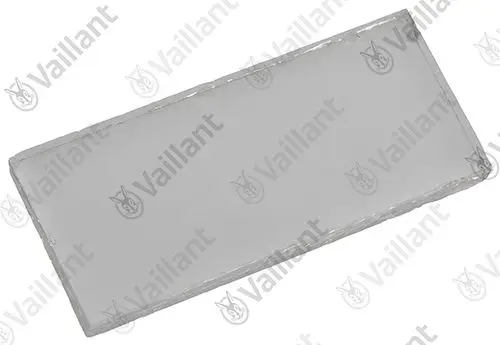 Transparente Glasscheibe mit geraden Kanten, umgeben von einer metallischen Rahmenstruktur, gekennzeichnet mit dem Logo von Vaillant.